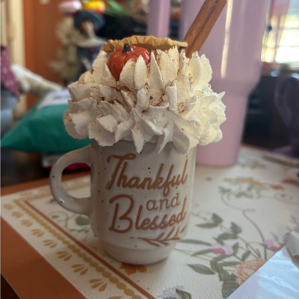 1 Handcrafted Thankful and Blessed Mug with Whipped Cream Design